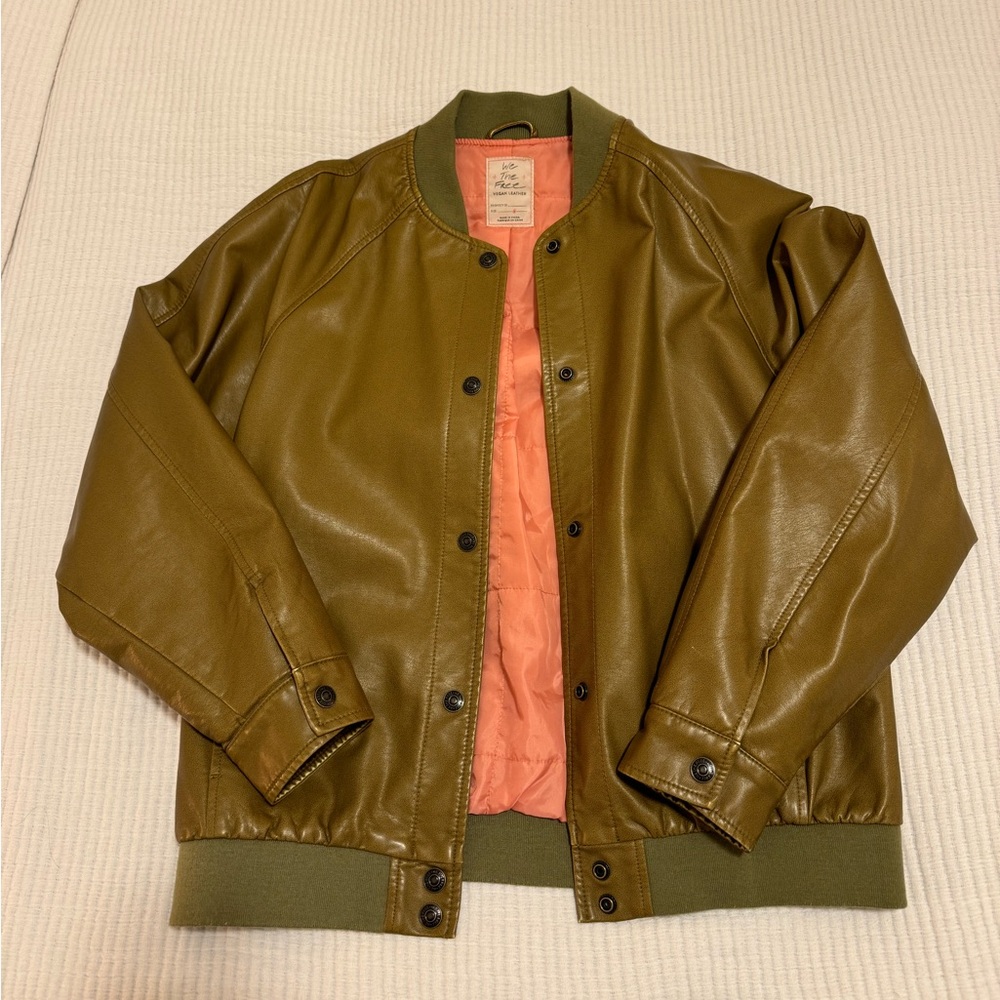 Free People Olive Green Faux Leather Bomber Jacket